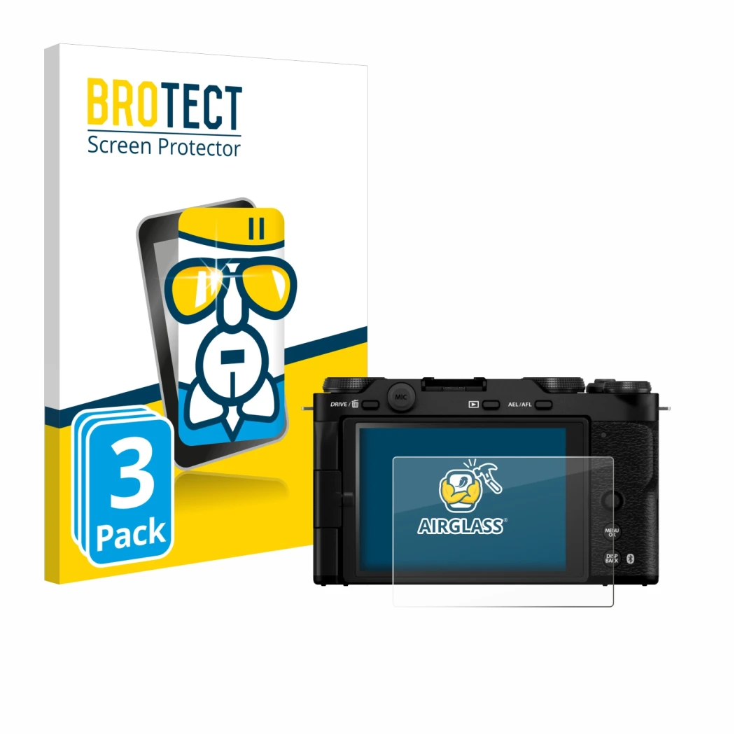 Front side of a product packaging with the brand logo BROTECT. Next to it is the device Fujifilm X-M5 shown with the correspon