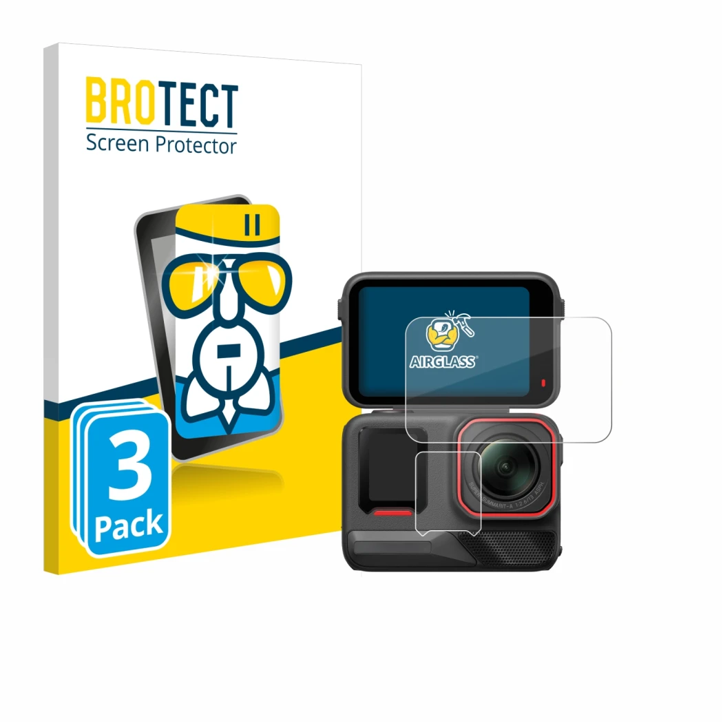Front side of a product packaging with the brand logo BROTECT. Next to it is the device Insta360 Ace Pro 2 shown with the corr