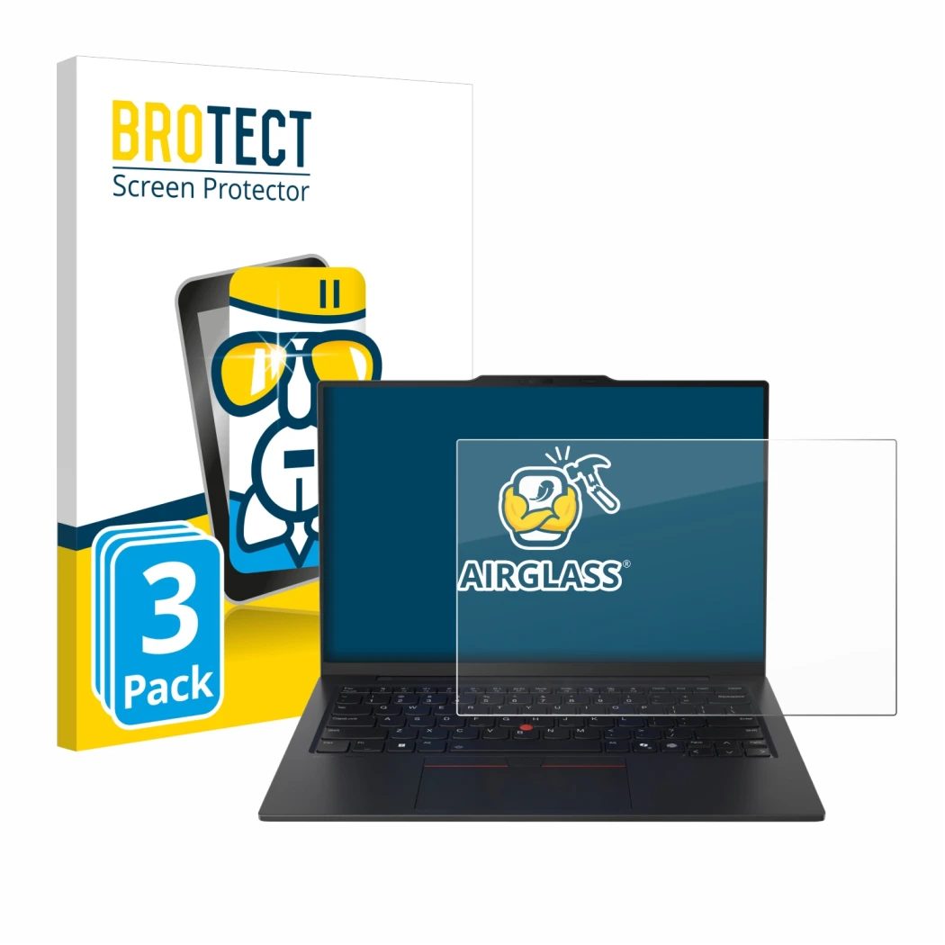 Front side of a product packaging with the brand logo BROTECT. Next to it is the device Lenovo ThinkPad X1 Carbon Gen 13 14