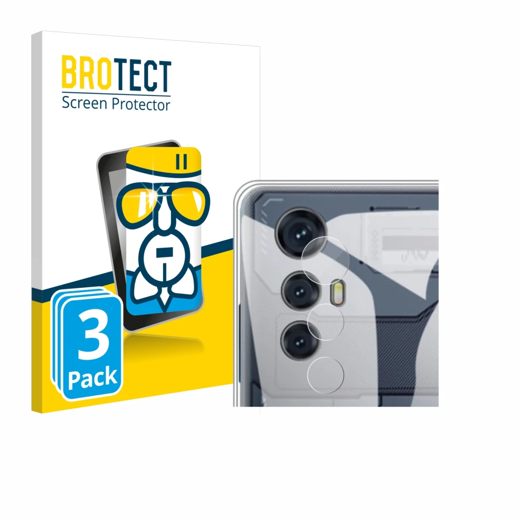 Front side of a product packaging with the brand logo BROTECT. Next to it is the device Cubot Max 5 (ONLY Camera) shown with t