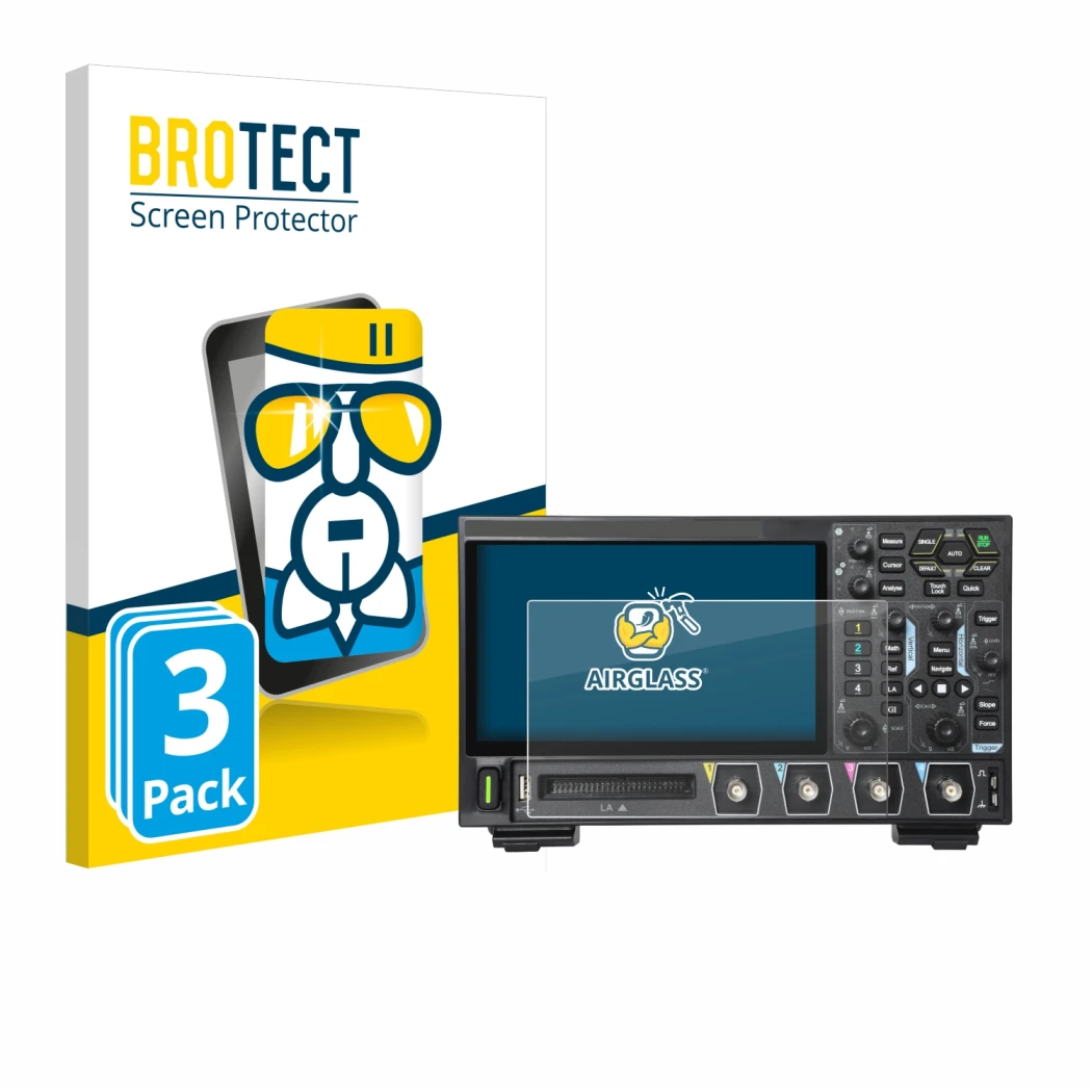 Front side of a product packaging with the brand logo BROTECT. Next to it is the device Rigol DHO914 shown with the correspond