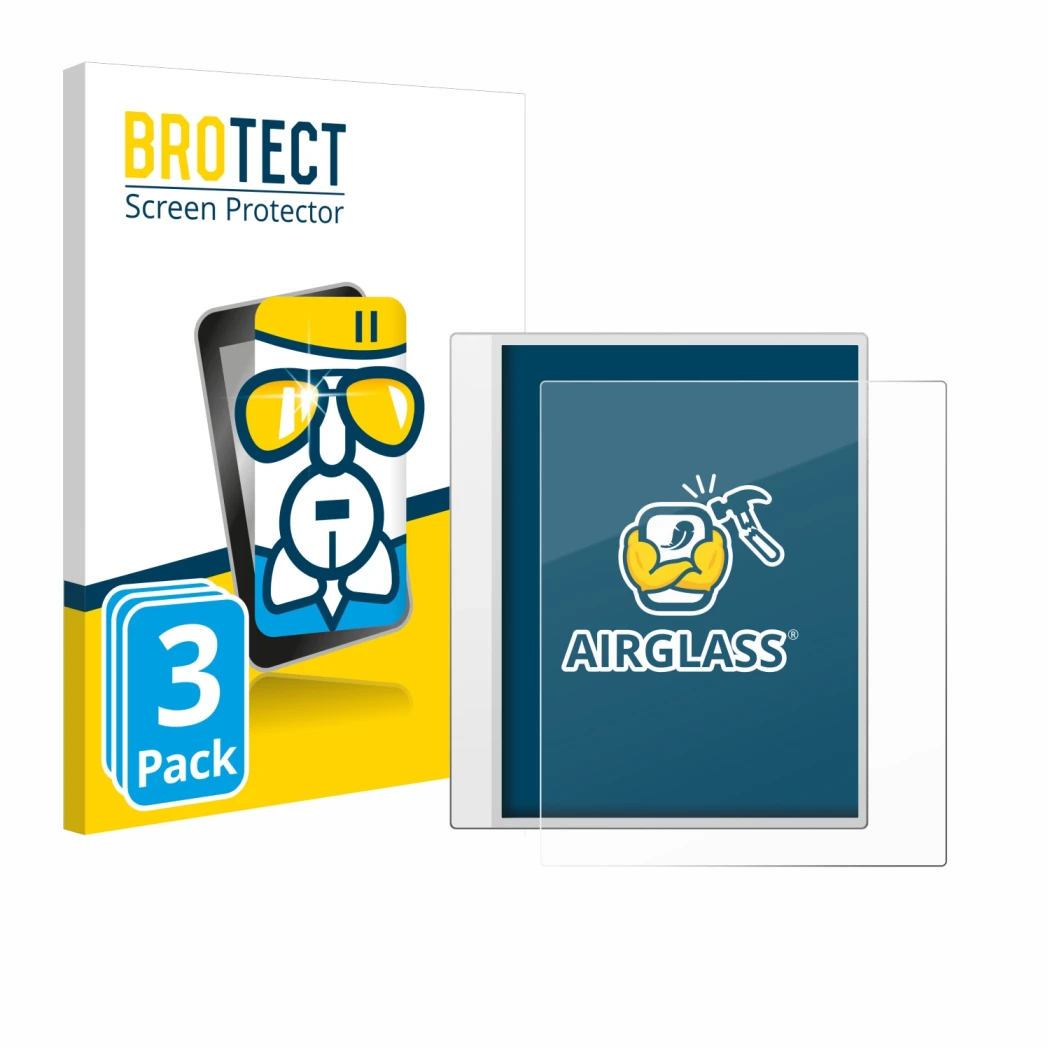 Front side of a product packaging with the brand logo BROTECT. Next to it is the device Boox Note Max shown with the correspon