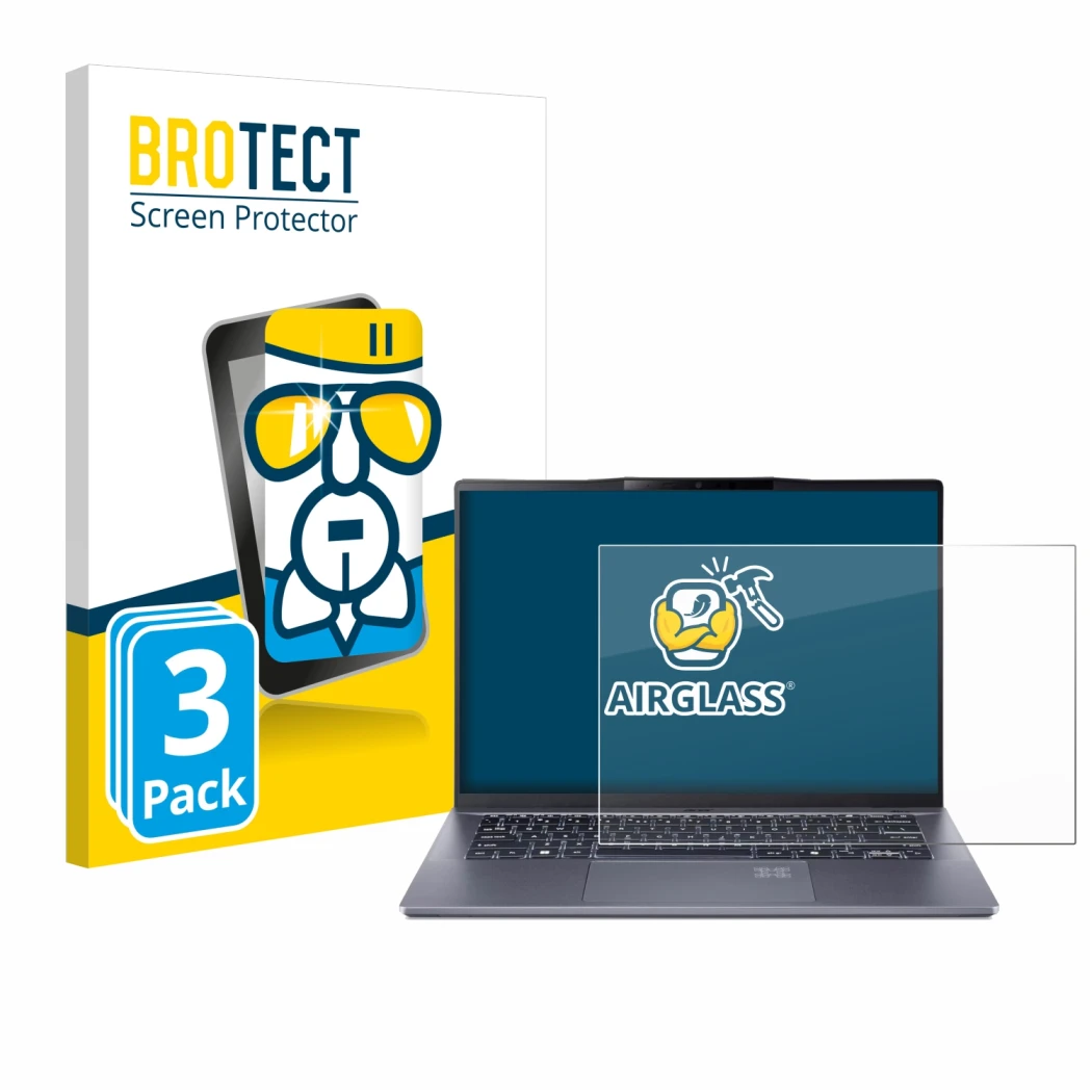 Front side of a product packaging with the brand logo BROTECT. Next to it is the device Acer Swift Go 14 AI shown with the cor