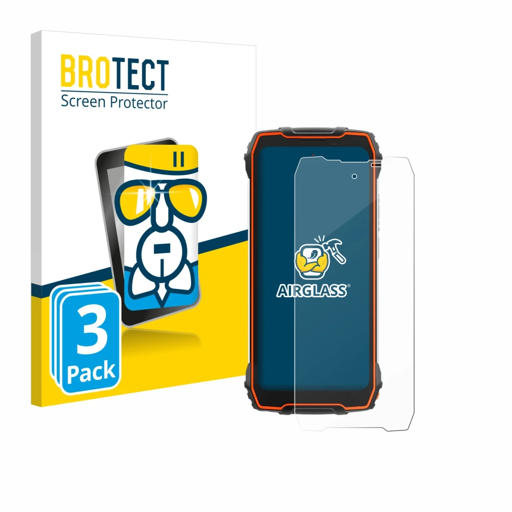 Front side of a product packaging with the brand logo BROTECT. Next to it is the device Blackview Oscal Pilot 1 shown with the