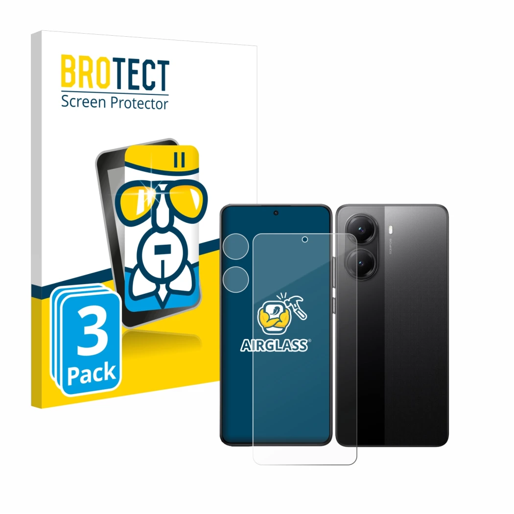 Front side of a product packaging with the brand logo BROTECT. Next to it is the device Xiaomi Poco X7 Pro (Front+Camera) show