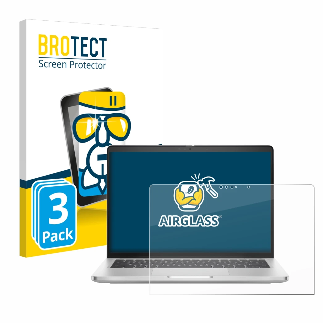 Front side of a product packaging with the brand logo BROTECT. Next to it is the device Dell Pro 14 Plus 2-in-1 PB14250 shown 