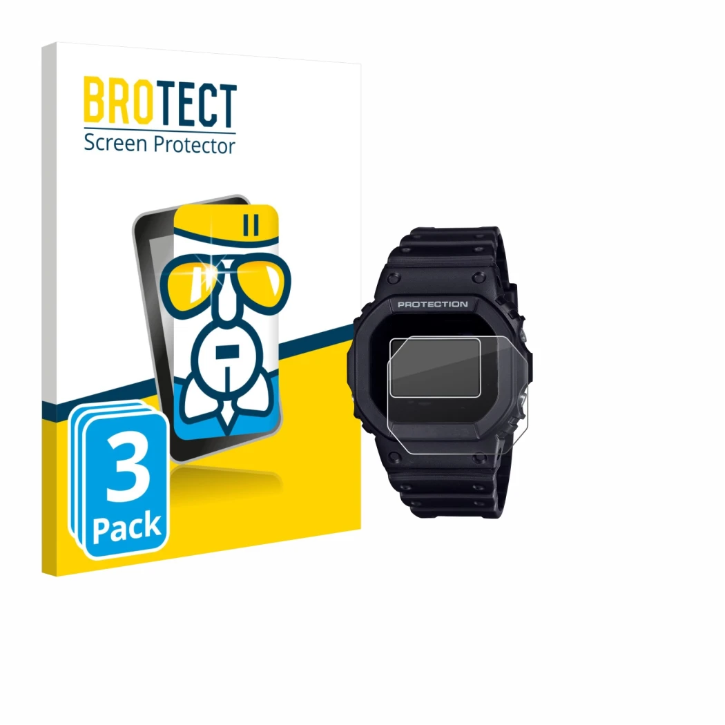 Front side of a product packaging with the brand logo BROTECT. Next to it is the device Casio G-Shock DW-5600RL-1 shown with t