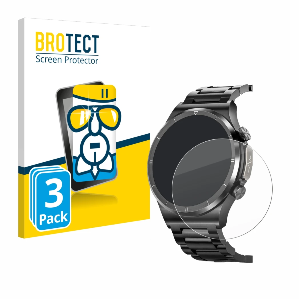 Front side of a product packaging with the brand logo BROTECT. Next to it is the device Banlvs Smartwatch 1.39