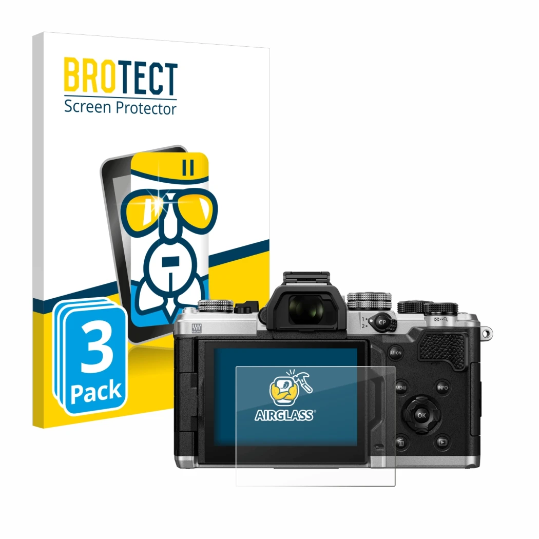 Front side of a product packaging with the brand logo BROTECT. Next to it is the device OM System OM-3 shown with the correspo