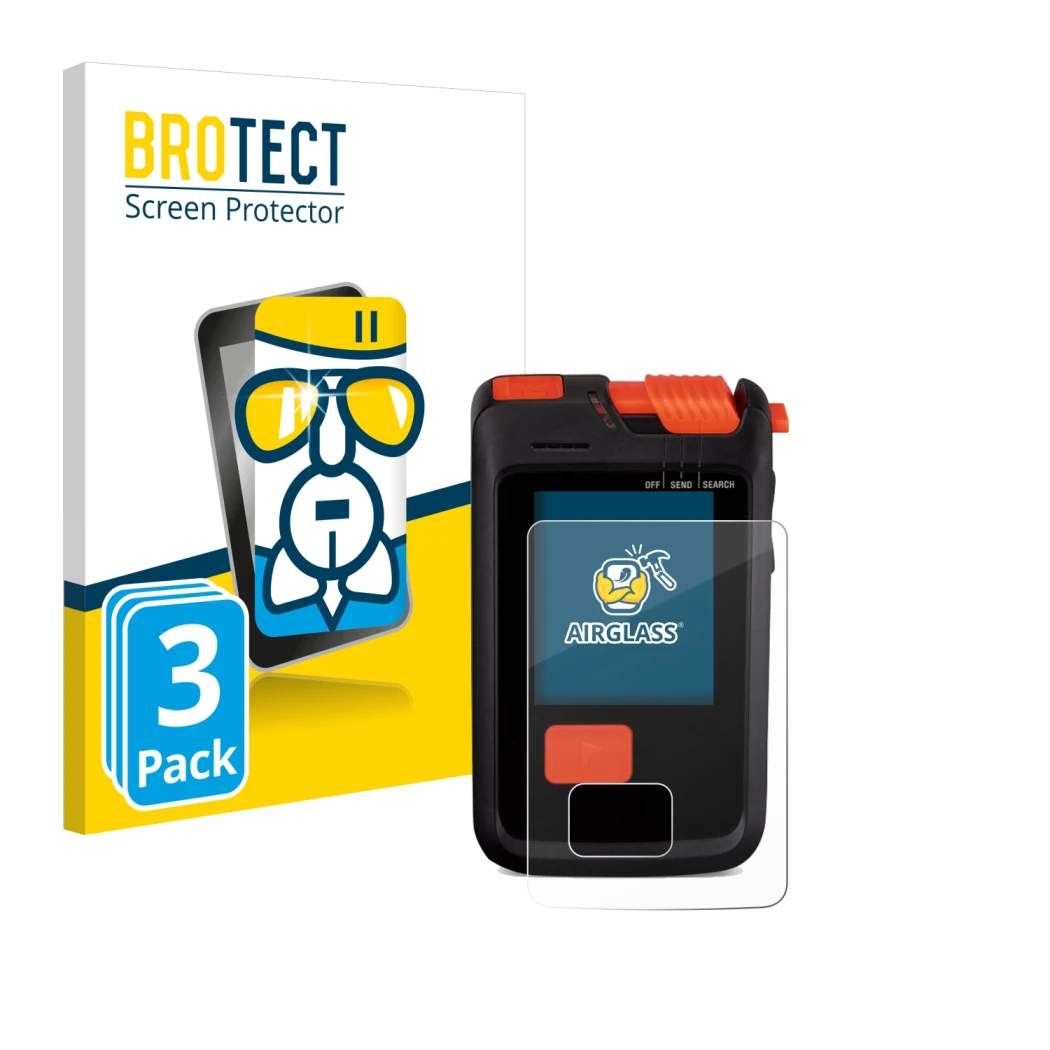 Front side of a product packaging with the brand logo BROTECT. Next to it is the device Mammut Barryvox S2 shown with the corr