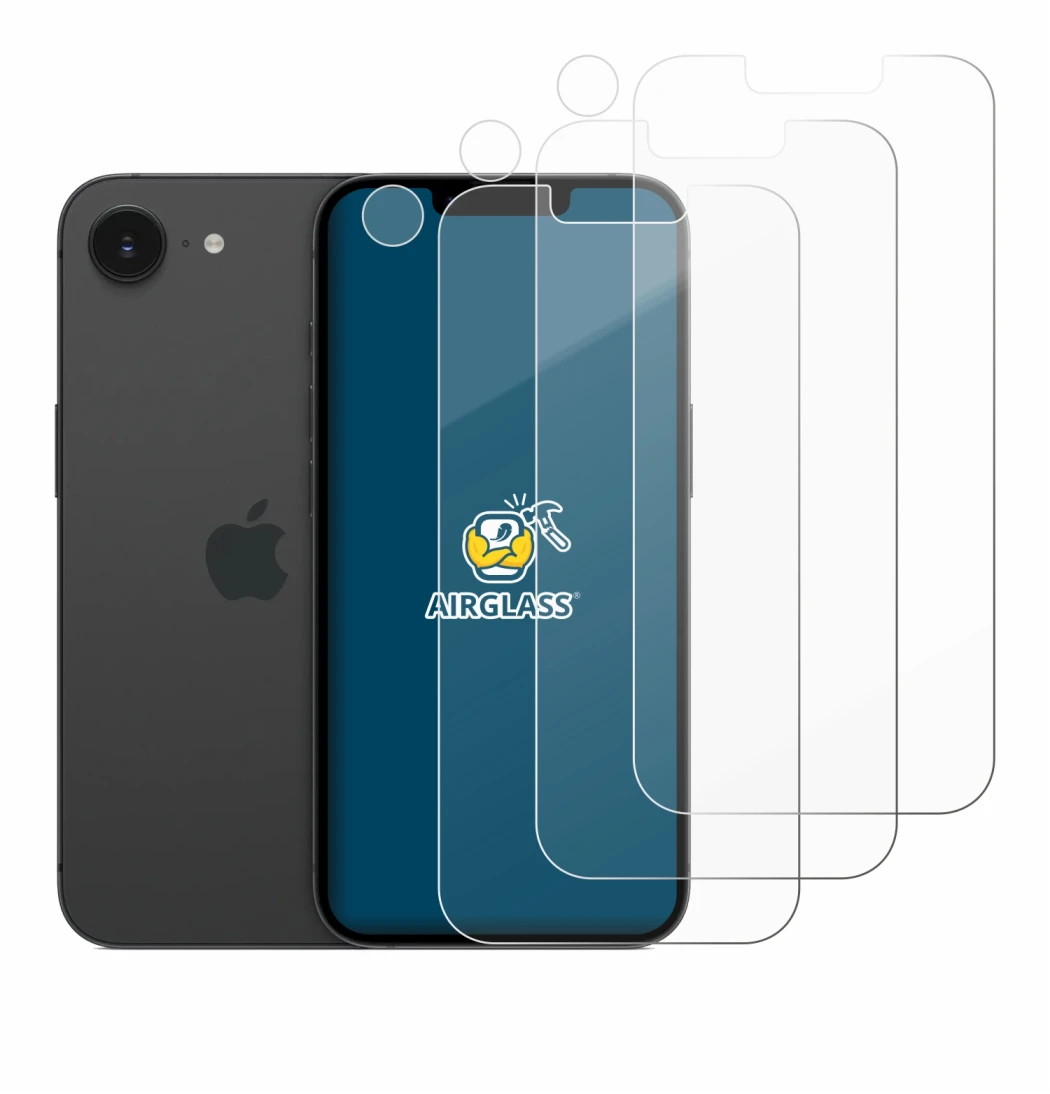 Image of the device Apple iPhone 16e (Front+Camera) with a wide variety of screen protectors.