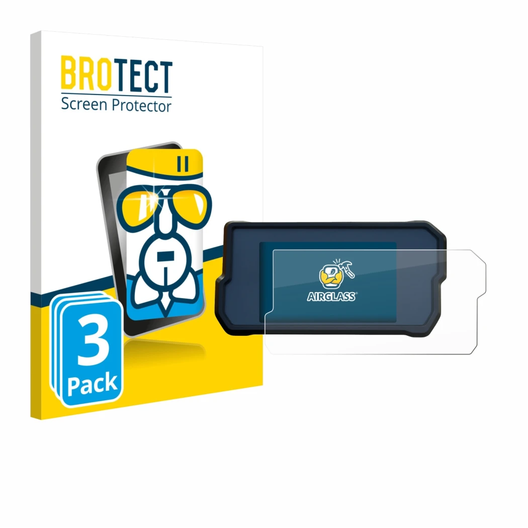 Front side of a product packaging with the brand logo BROTECT. Next to it is the device KTM 390 / 890 Adventure 2020+ shown wi