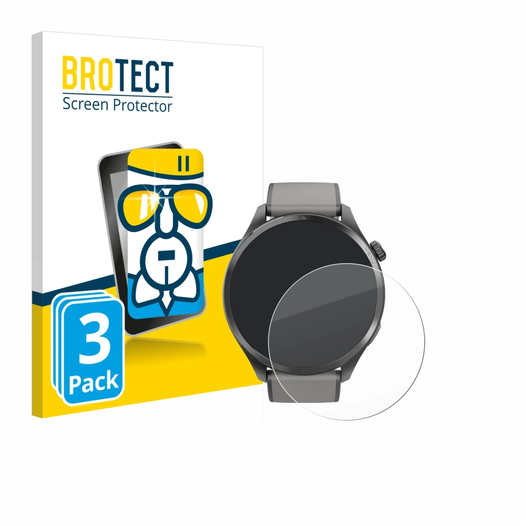 Front side of a product packaging with the brand logo BROTECT. Next to it is the device Hama Smartwatch 9000 shown with the co