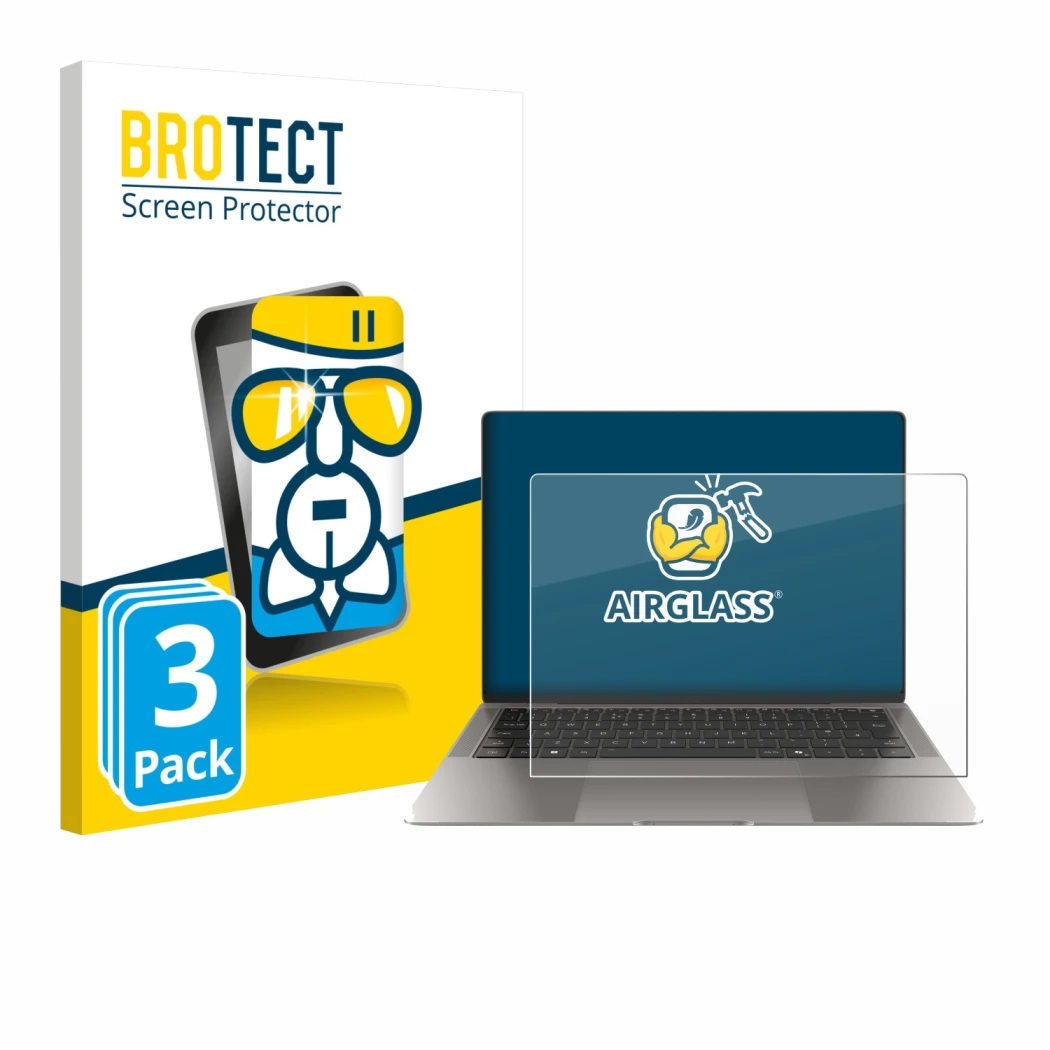 Front side of a product packaging with the brand logo BROTECT. Next to it is the device Honor MagicBook Art 14 shown with the 