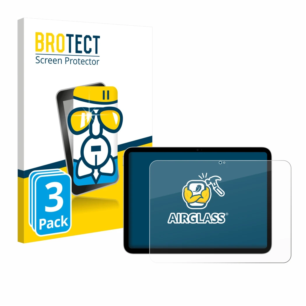 Front side of a product packaging with the brand logo BROTECT. Next to it is the device Apple iPad A16 11