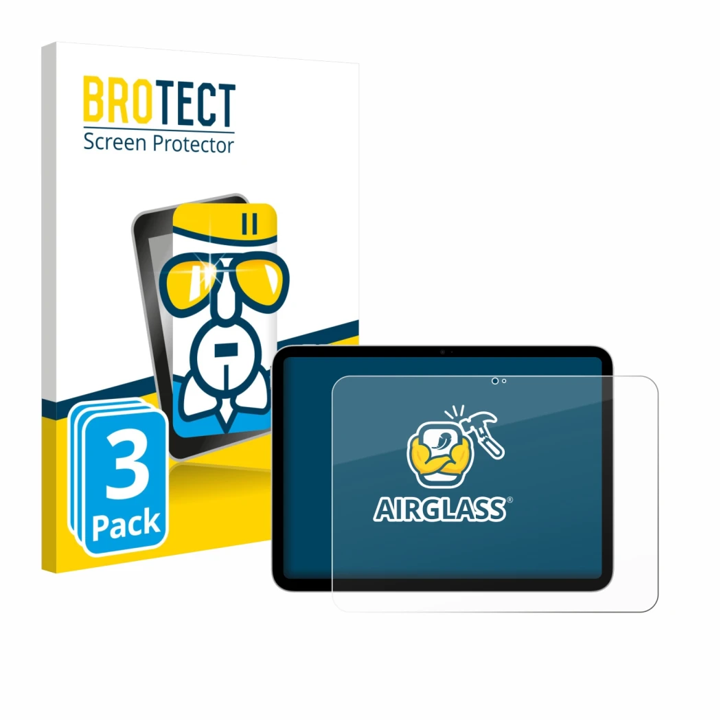 Front side of a product packaging with the brand logo BROTECT. Next to it is the device Apple iPad A16 11