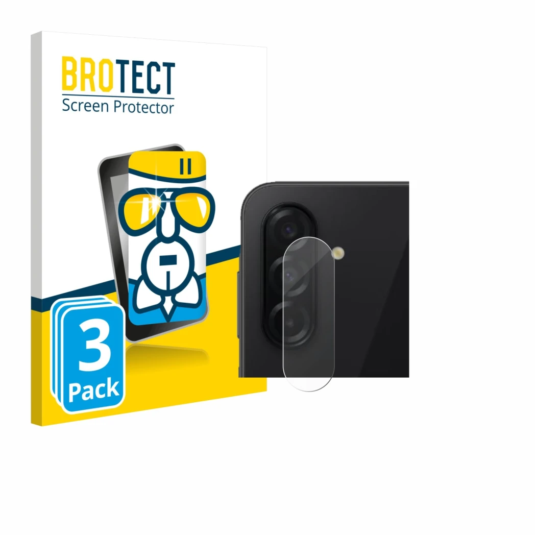 Front side of a product packaging with the brand logo BROTECT. Next to it is the device Samsung Galaxy A26 5G (ONLY Camera Len