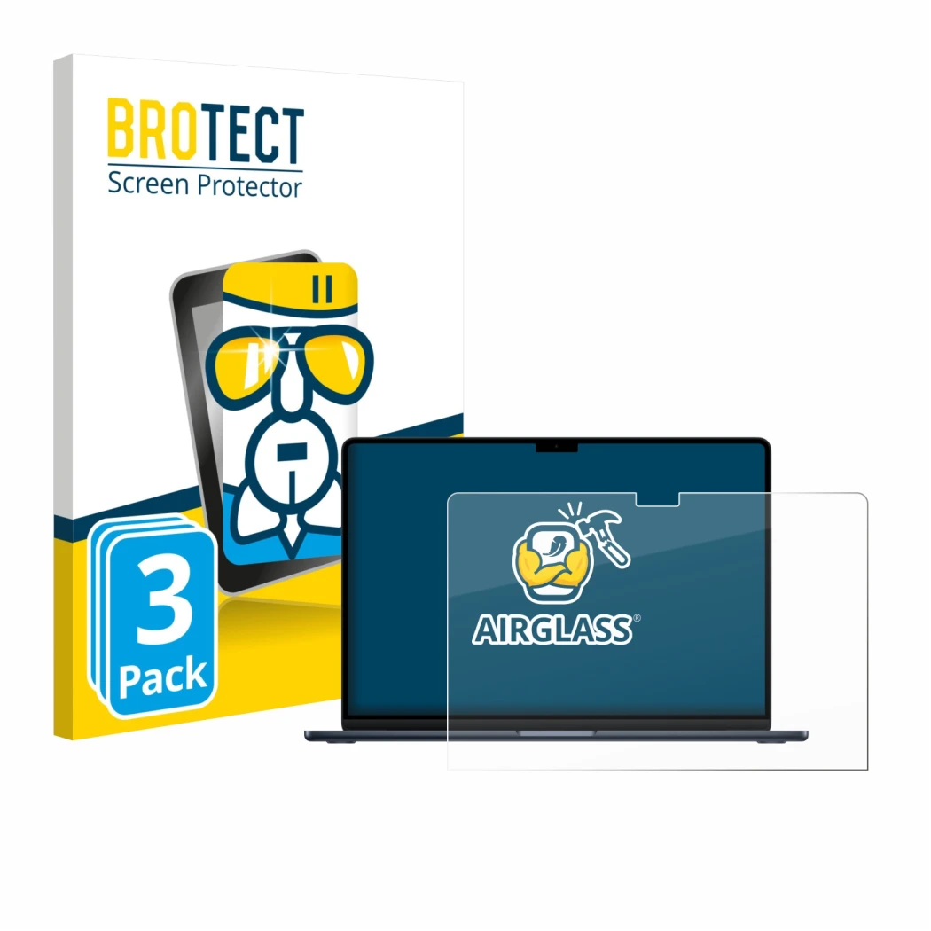 Front side of a product packaging with the brand logo BROTECT. Next to it is the device Apple MacBook Air 15