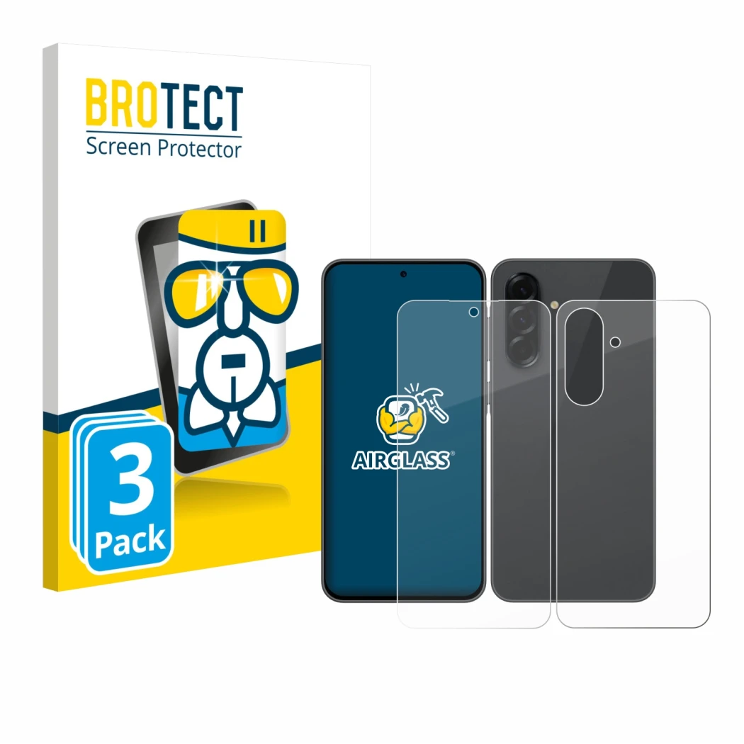 Front side of a product packaging with the brand logo BROTECT. Next to it is the device Samsung Galaxy A36 5G (Front+Back) sho