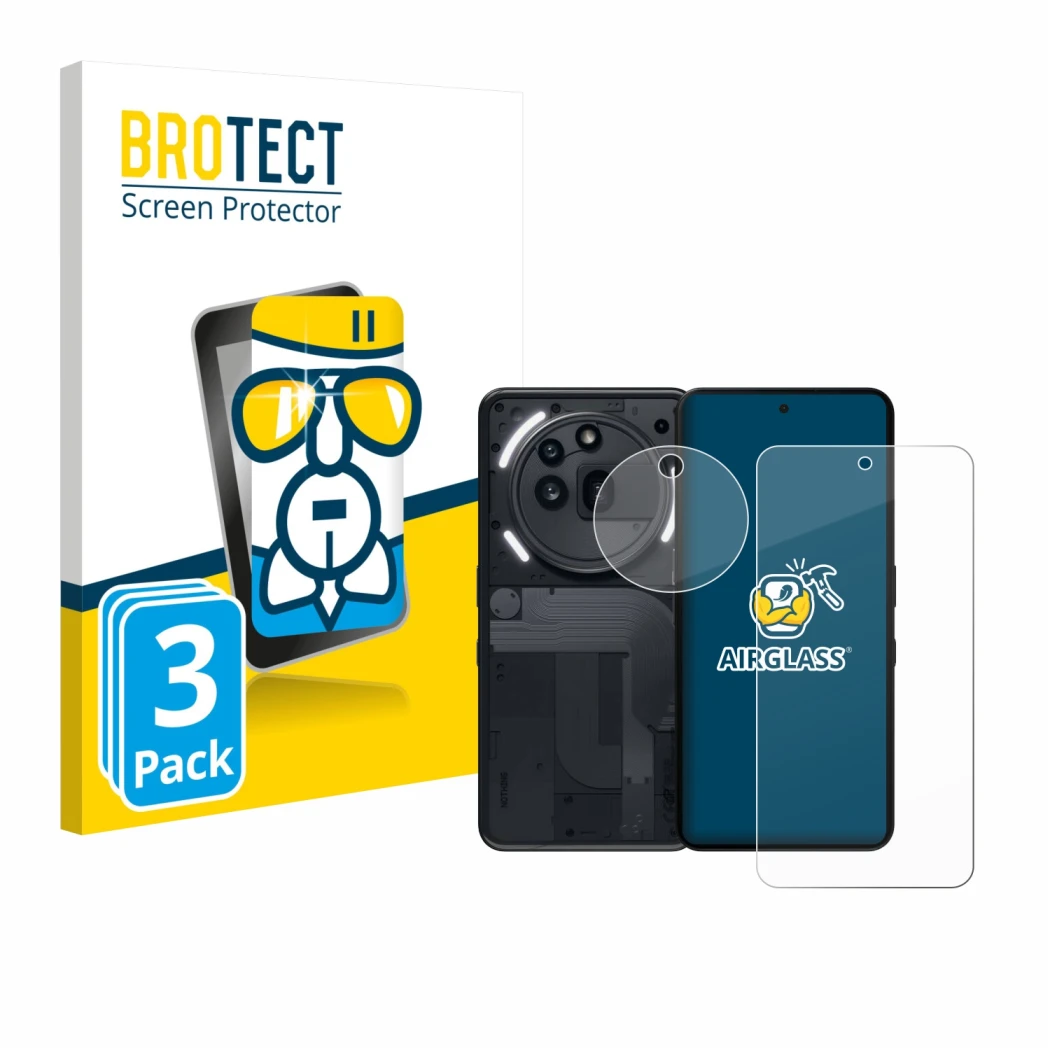 Front side of a product packaging with the brand logo BROTECT. Next to it is the device Nothing Phone (3a) Pro (Front+Camera) 