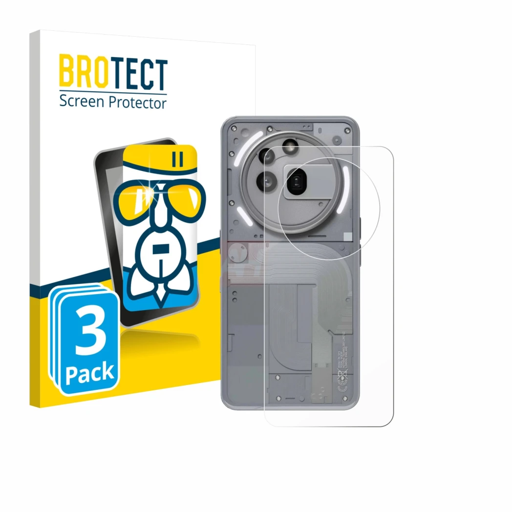 Front side of a product packaging with the brand logo BROTECT. Next to it is the device Nothing Phone (3a) Pro (Back) shown wi