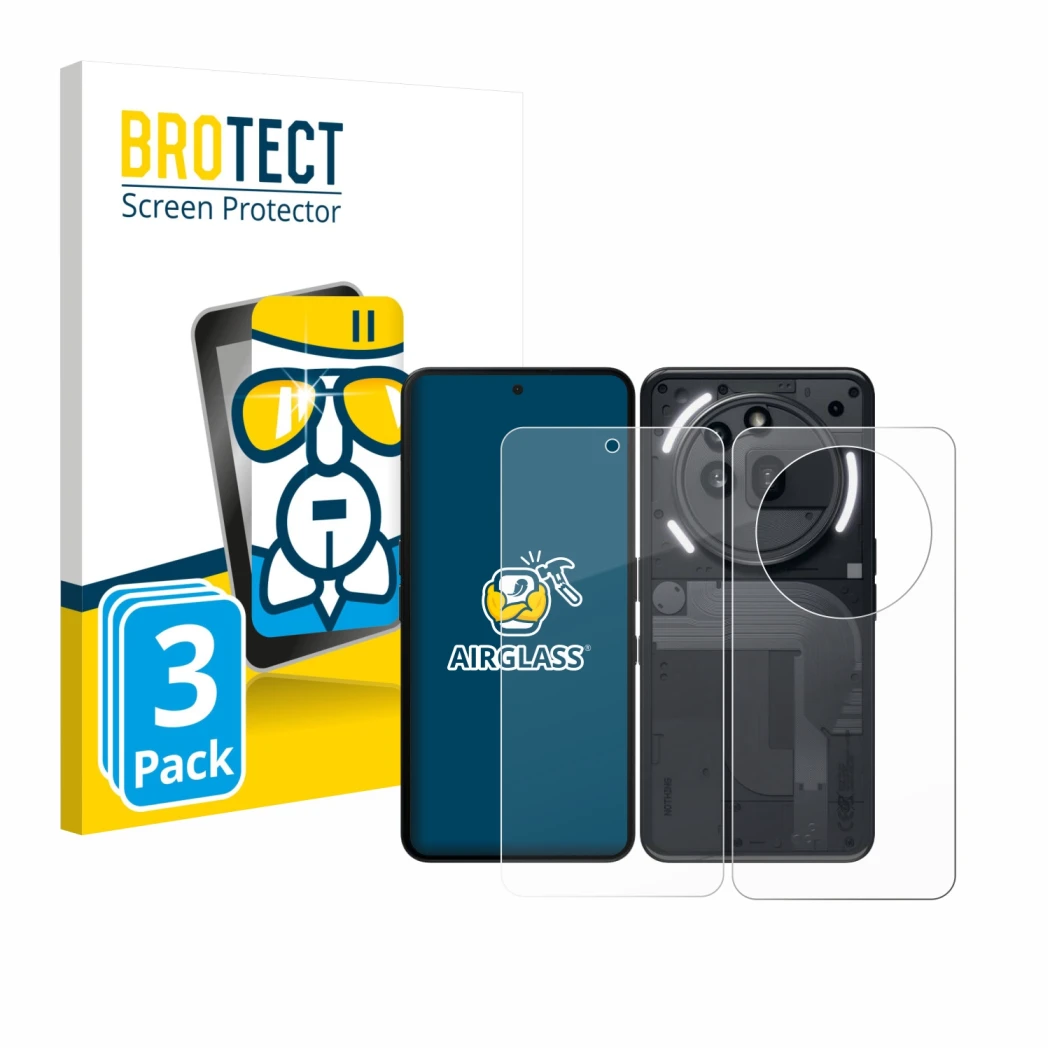 Front side of a product packaging with the brand logo BROTECT. Next to it is the device Nothing Phone (3a) Pro (Front+Back) sh
