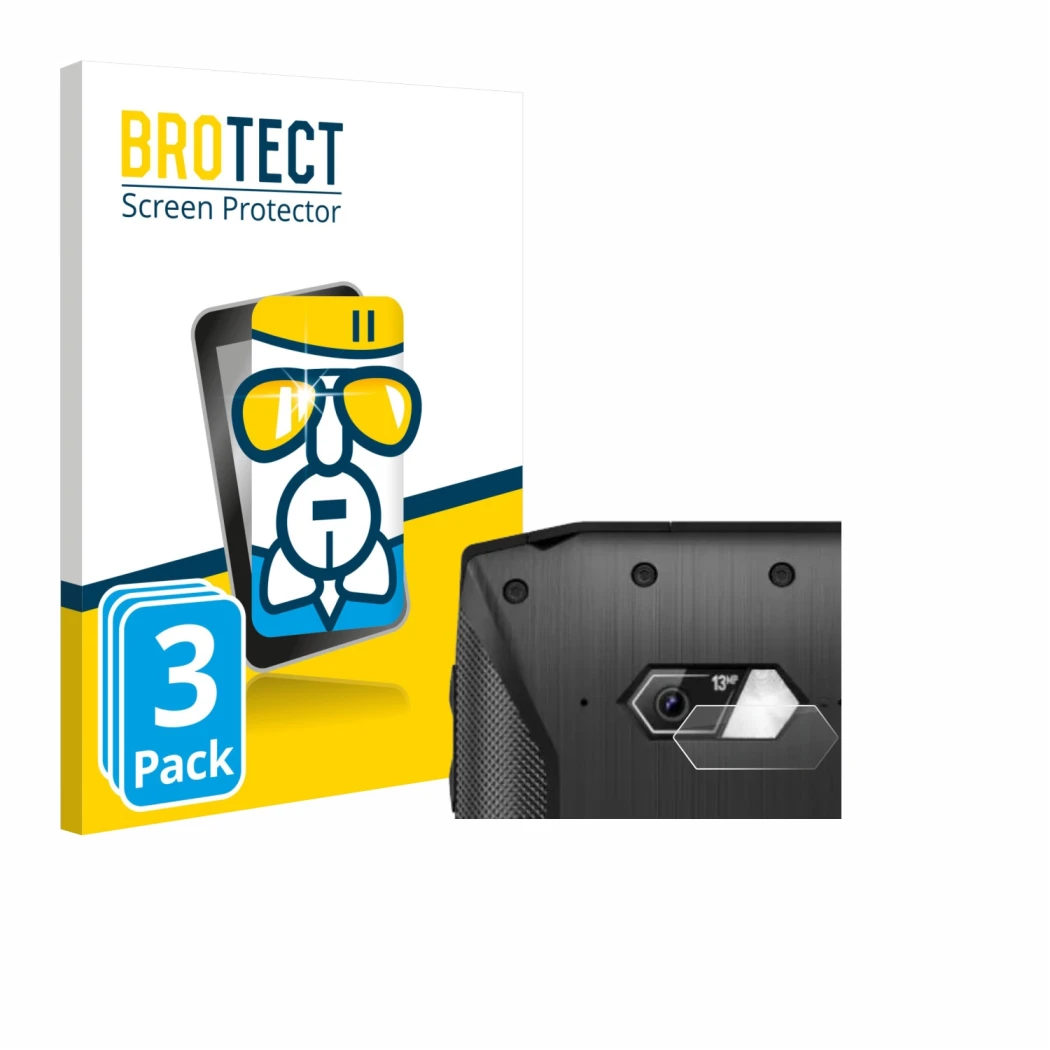 Front side of a product packaging with the brand logo BROTECT. Next to it is the device Crosscall Core-M5 (ONLY Camera Lens) s