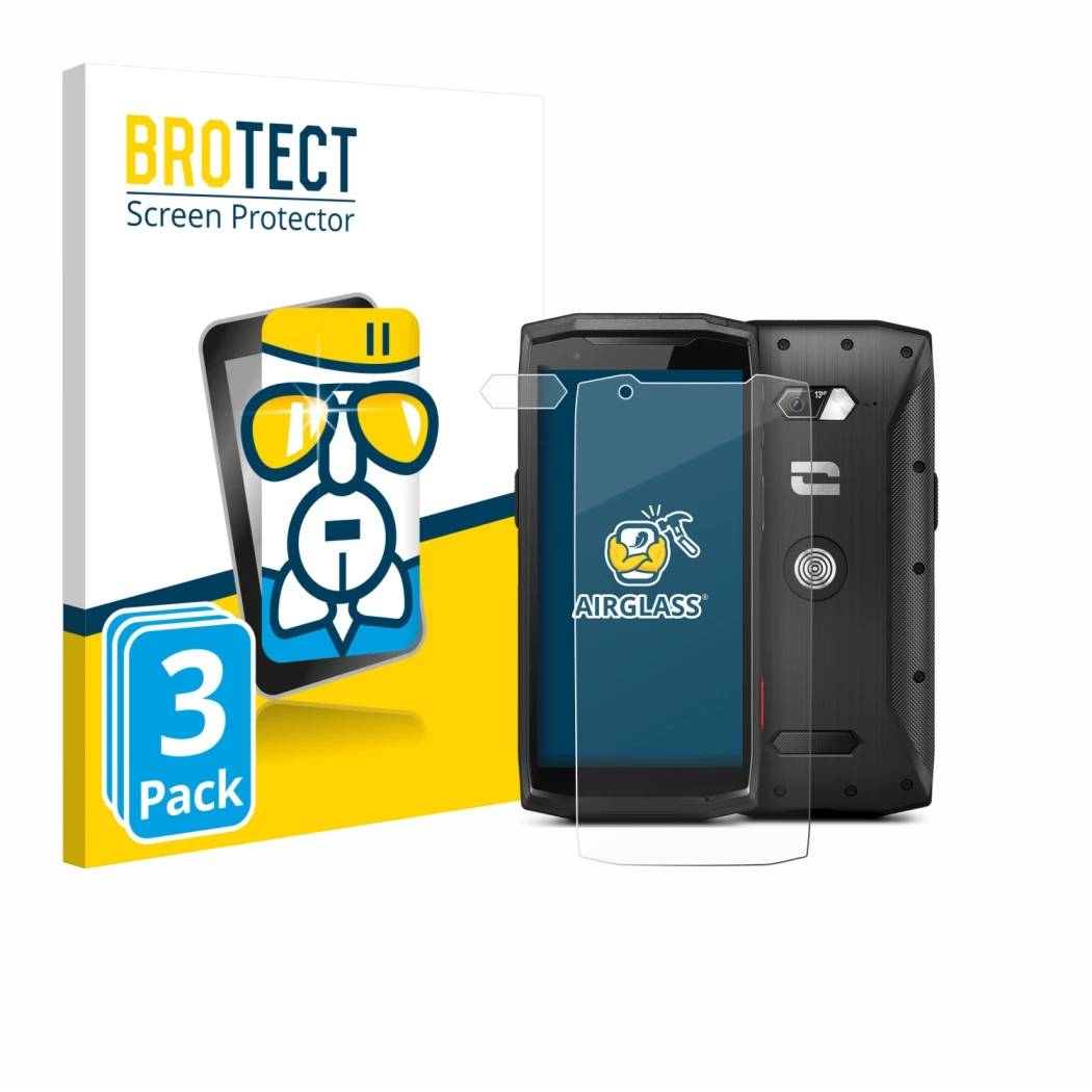 Front side of a product packaging with the brand logo BROTECT. Next to it is the device Crosscall Core-M5 (Front+Camera) shown