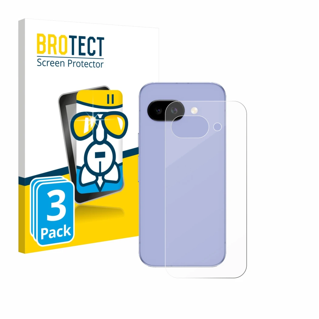 Front side of a product packaging with the brand logo BROTECT. Next to it is the device Google Pixel 9a (Back) shown with the 