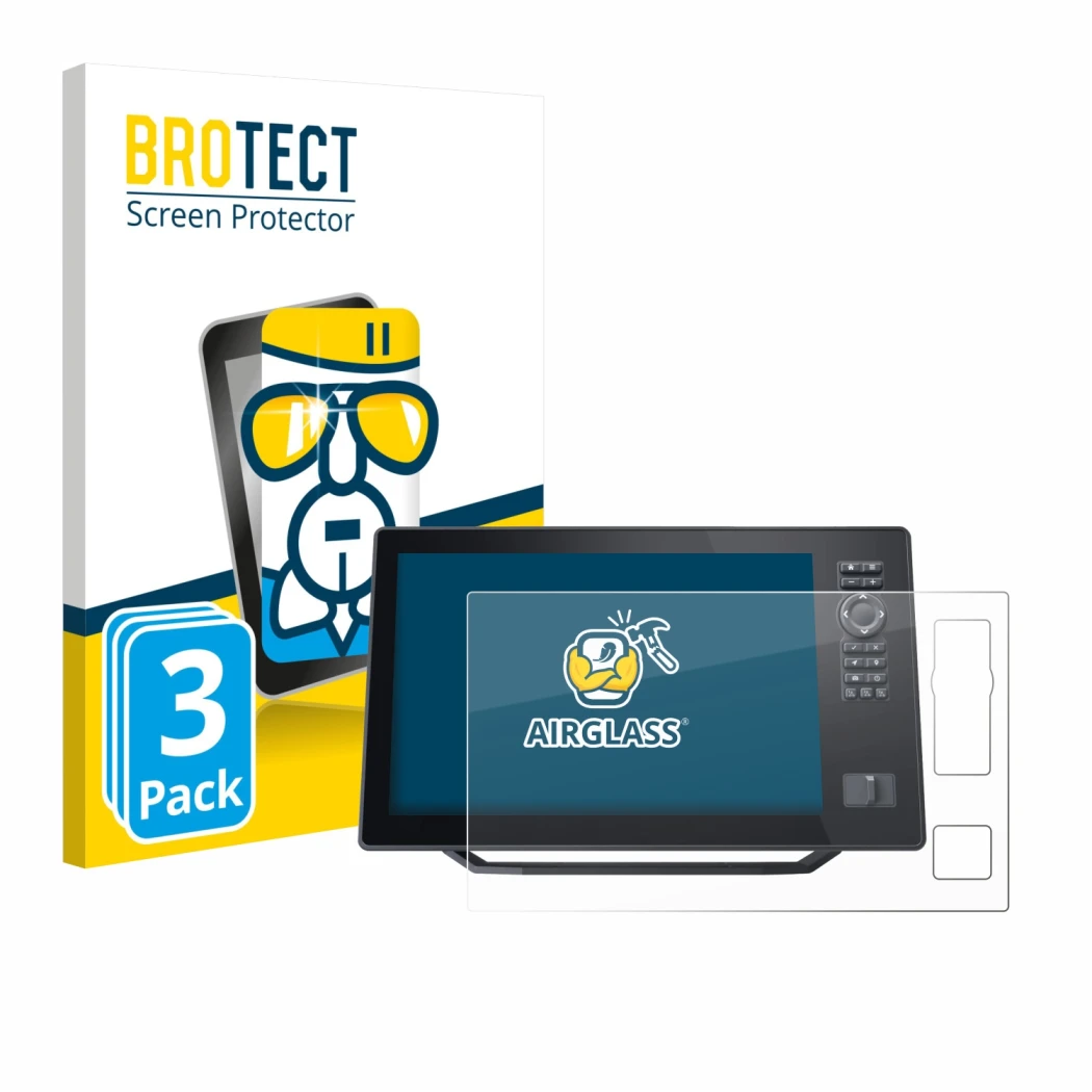 Front side of a product packaging with the brand logo BROTECT. Next to it is the device Humminbird Xplore 12 shown with the co