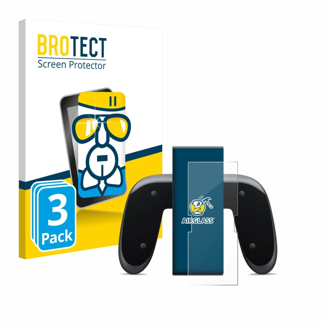 Front side of a product packaging with the brand logo BROTECT. Next to it is the device Nintendo Switch 2 Joy-Con 2-Holder sho