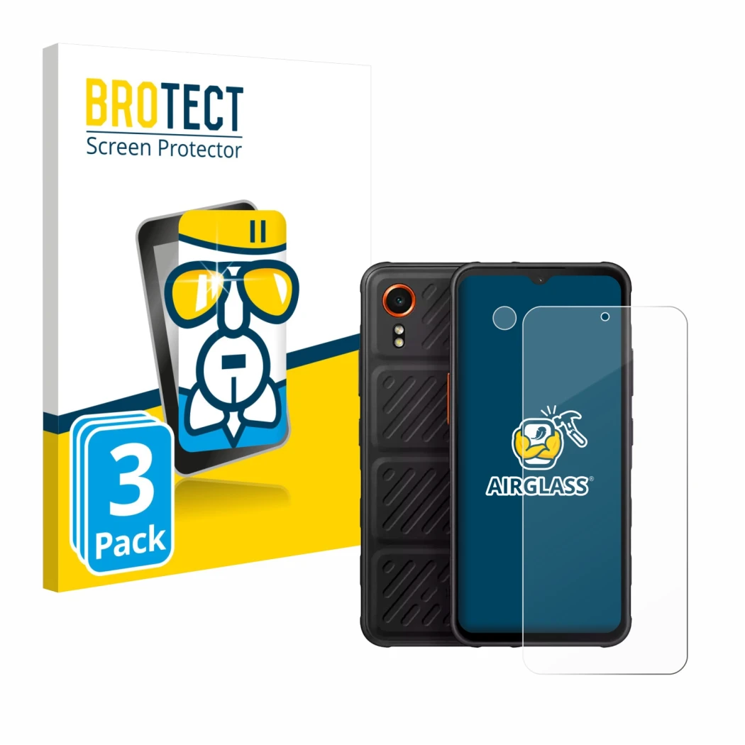 Front side of a product packaging with the brand logo BROTECT. Next to it is the device Samsung Galaxy XCover 7 Enterprise Edi