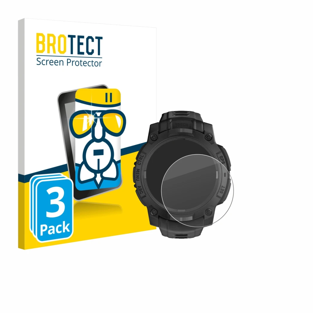 Front side of a product packaging with the brand logo BROTECT. Next to it is the device Garmin Instinct 3 Solar Tactical Editi