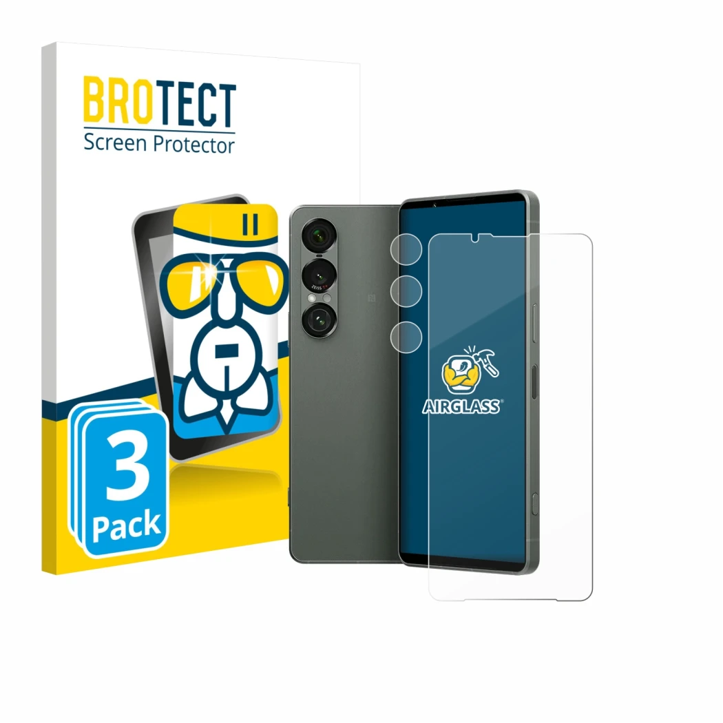 Front side of a product packaging with the brand logo BROTECT. Next to it is the device Sony Xperia 1 VII (Front+Camera) shown