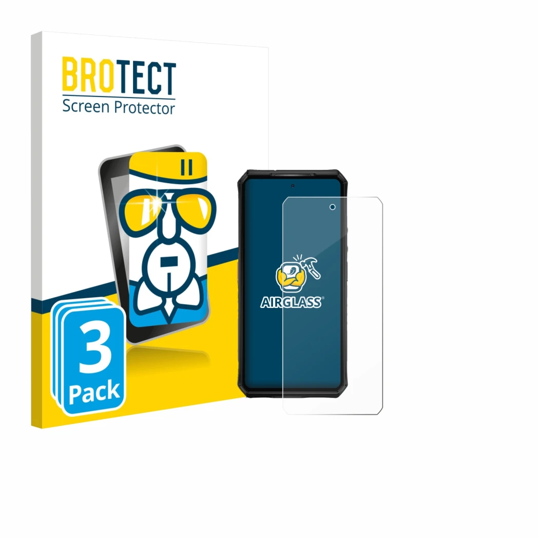 Front side of a product packaging with the brand logo BROTECT. Next to it is the device Ulefone Armor 28 Pro shown with the co