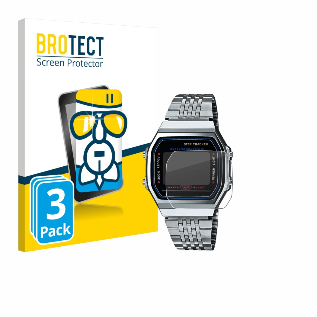 Front side of a product packaging with the brand logo BROTECT. Next to it is the device Casio iconic ABL-100WE-1A shown with t