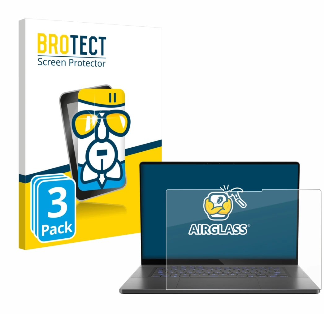 Front side of a product packaging with the brand logo BROTECT. Next to it is the device ASUS ROG Zephyrus G16 2025 shown with 