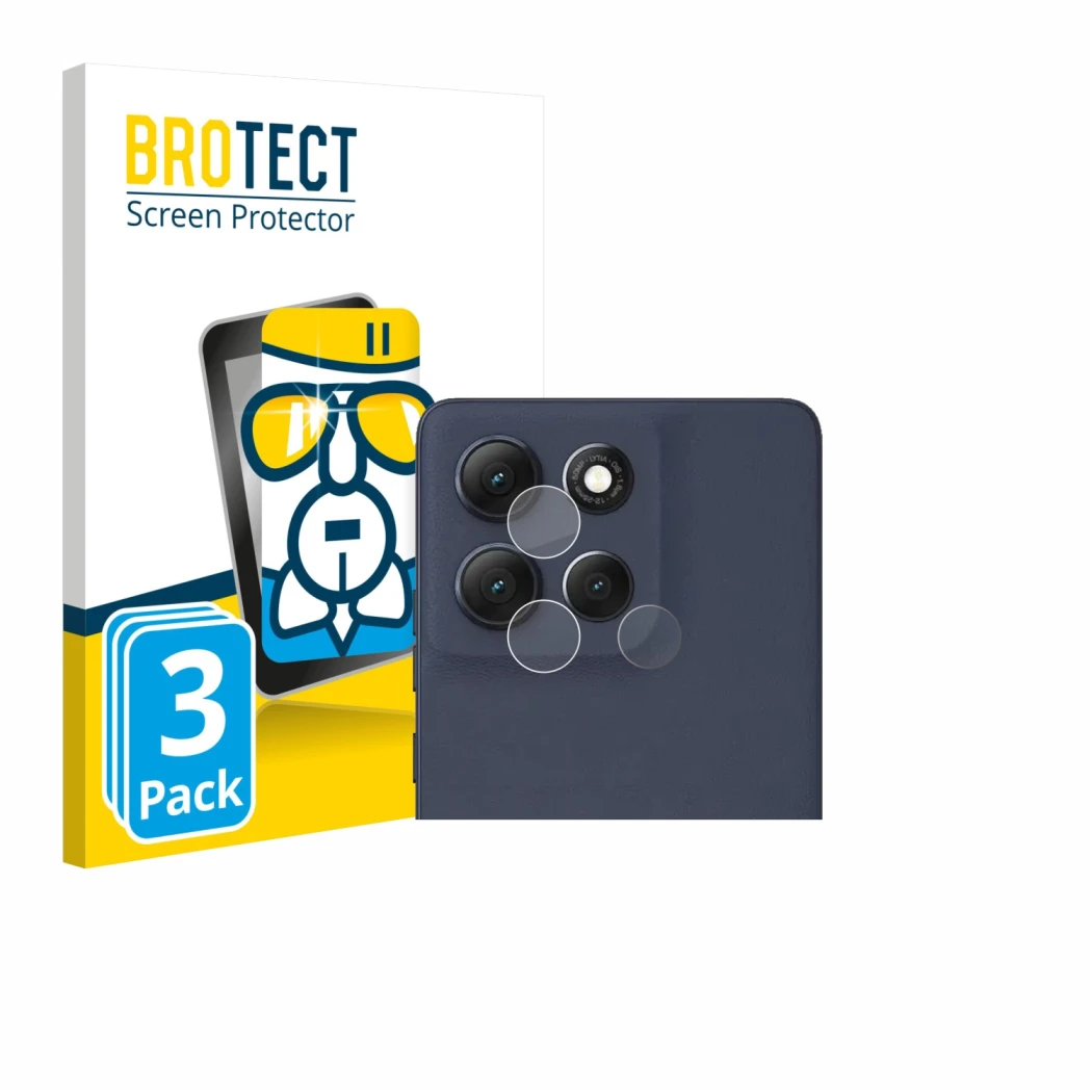 Front side of a product packaging with the brand logo BROTECT. Next to it is the device Motorola Moto G86 (ONLY Camera Lens) s