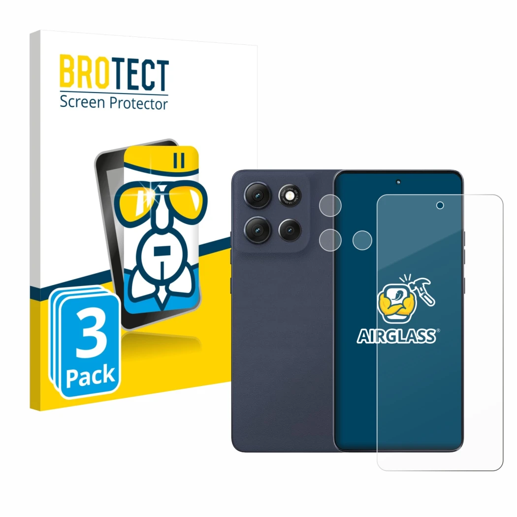 Front side of a product packaging with the brand logo BROTECT. Next to it is the device Motorola Moto G86 Power (Front+Camera)