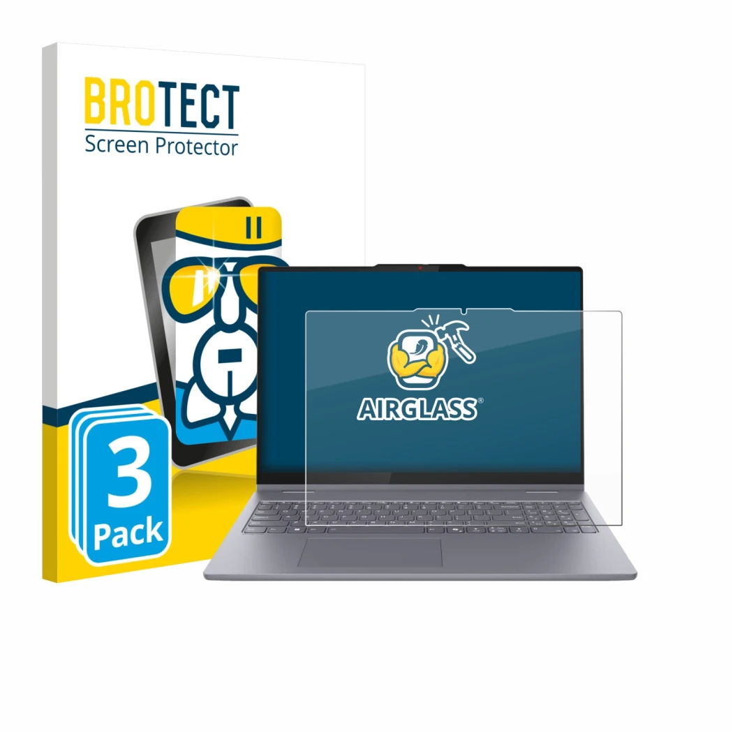 Front side of a product packaging with the brand logo BROTECT. Next to it is the device Lenovo IdeaPad 5 2-in-1 14AKP10 shown 