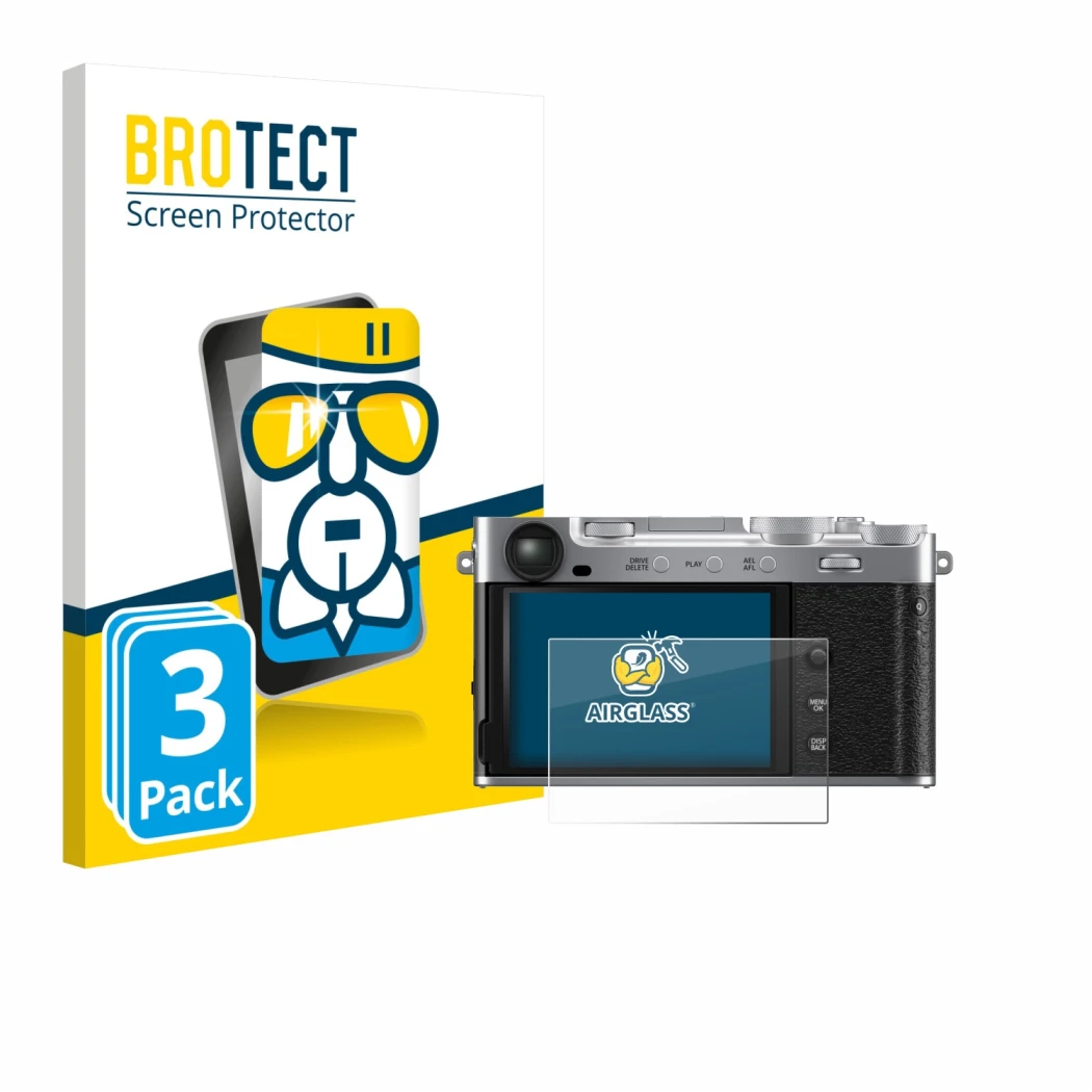 Front side of a product packaging with the brand logo BROTECT. Next to it is the device Fujifilm X-E5 shown with the correspon