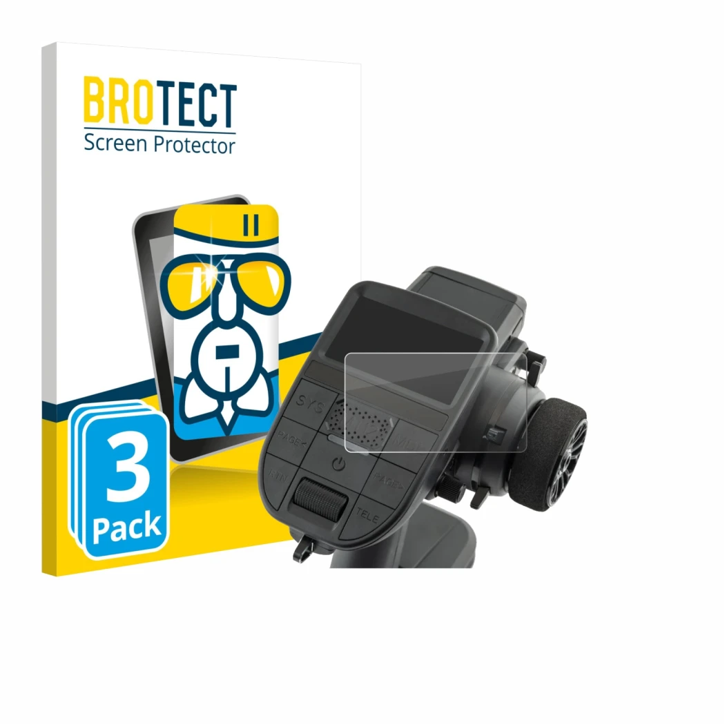 Front side of a product packaging with the brand logo BROTECT. Next to it is the device Radiomaster MT12 shown with the corres