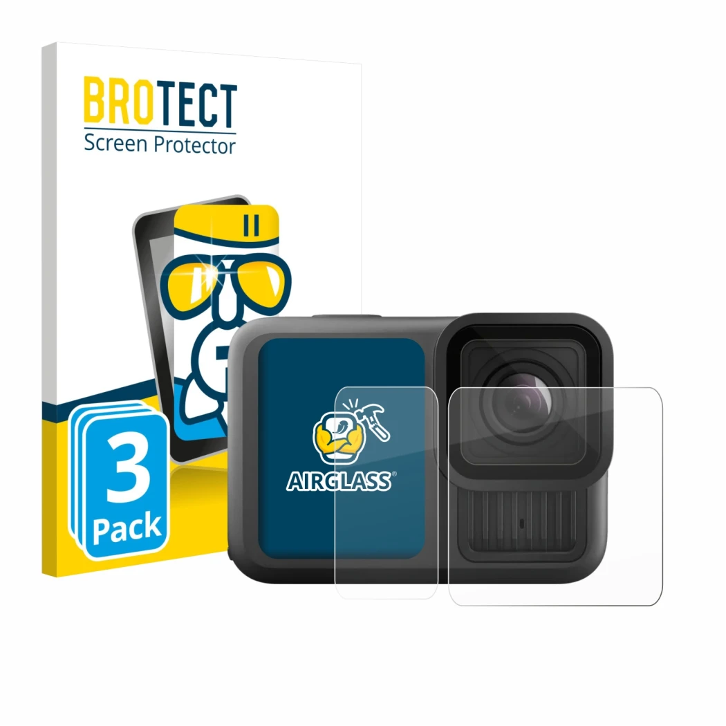 Front side of a product packaging with the brand logo BROTECT. Next to it is the device GoPro Hero 13 Black Ultra Wide Edition