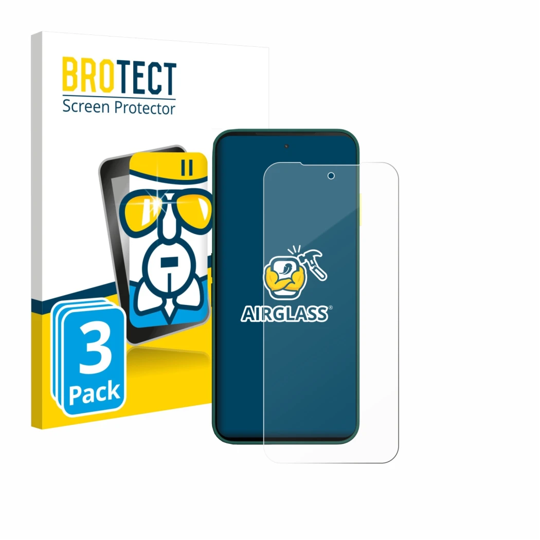 Front side of a product packaging with the brand logo BROTECT. Next to it is the device Fairphone 6 shown with the correspondi