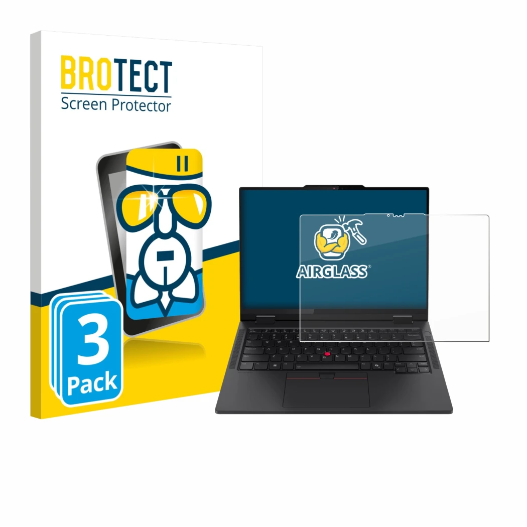 Front side of a product packaging with the brand logo BROTECT. Next to it is the device Lenovo ThinkPad T14s 2-in-1 shown with