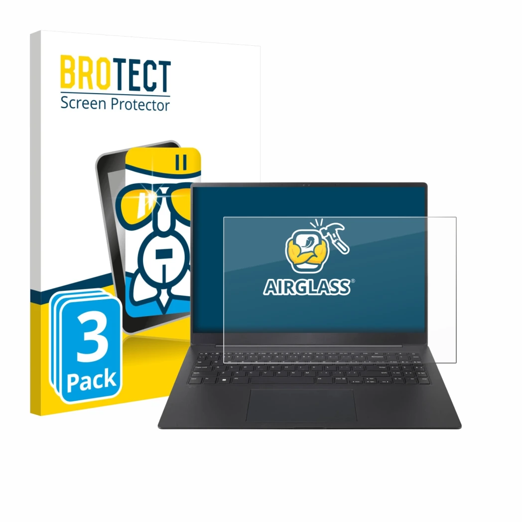 Front side of a product packaging with the brand logo BROTECT. Next to it is the device LG gram Pro 16 2025 shown with the cor