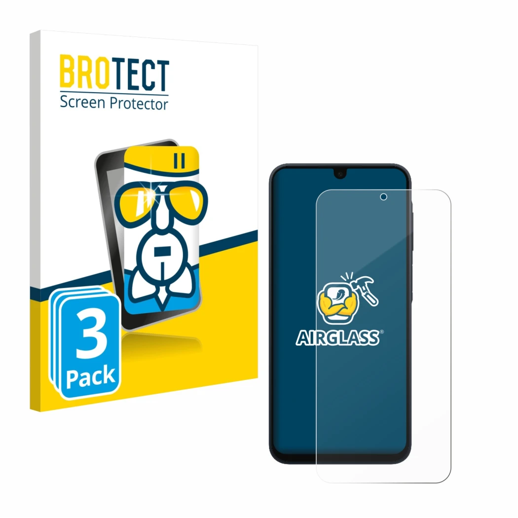 Front side of a product packaging with the brand logo BROTECT. Next to it is the device Samsung Galaxy A17 5G shown with the c