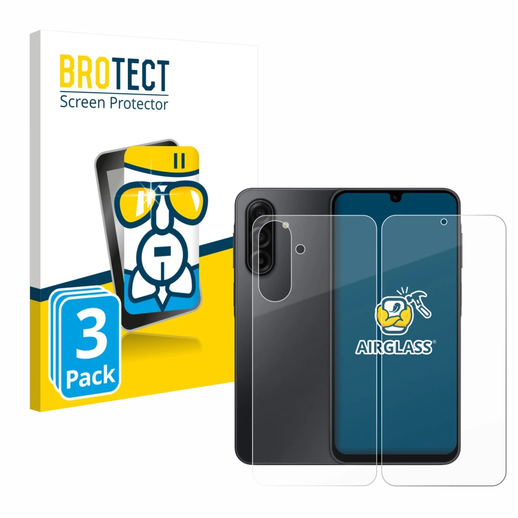 Front side of a product packaging with the brand logo BROTECT. Next to it is the device Samsung Galaxy A17 5G (Front+Back) sho