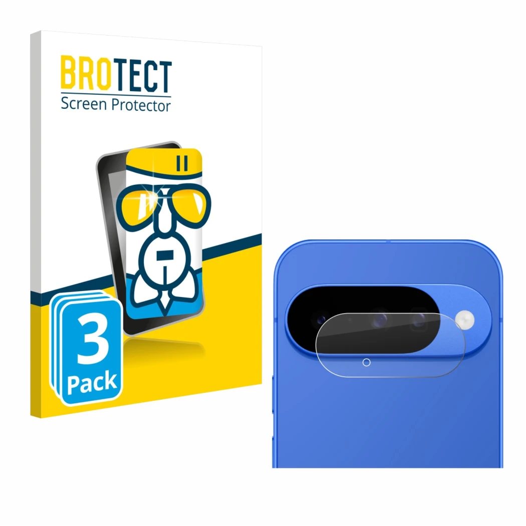 Front side of a product packaging with the brand logo BROTECT. Next to it is the device Google Pixel 10 (ONLY Camera Lens) sho