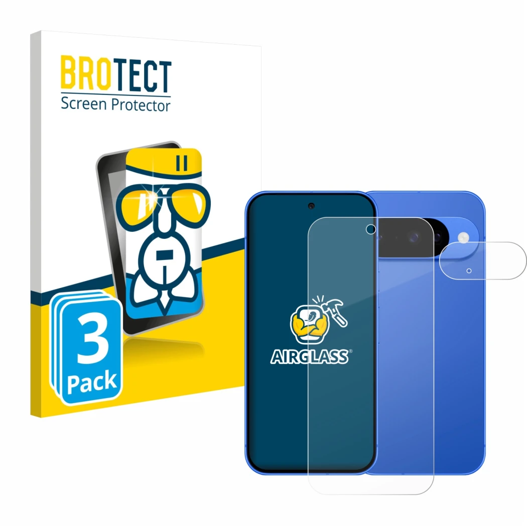 Front side of a product packaging with the brand logo BROTECT. Next to it is the device Google Pixel 10 (Front+Camera) shown w